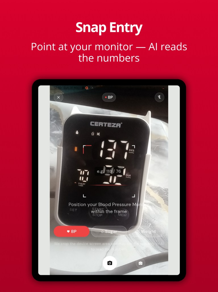 Blood Snap Snap Entry promo: point the camera at a home blood pressure monitor so AI can read SYS, DIA, and pulse.