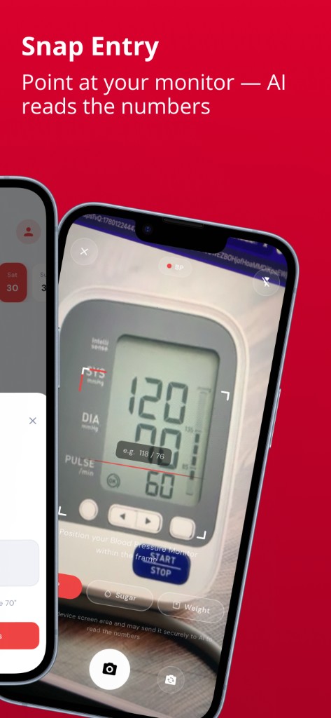 Blood Snap phone mockup showing snap entry framing a blood pressure machine reading 120 over 80.