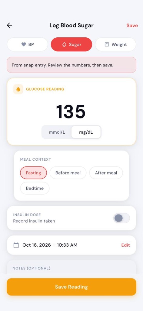 Blood Snap Log Blood Sugar screen after snap entry: glucose 135 mg/dL with a banner saying From snap entry. Review the numbers, then save.